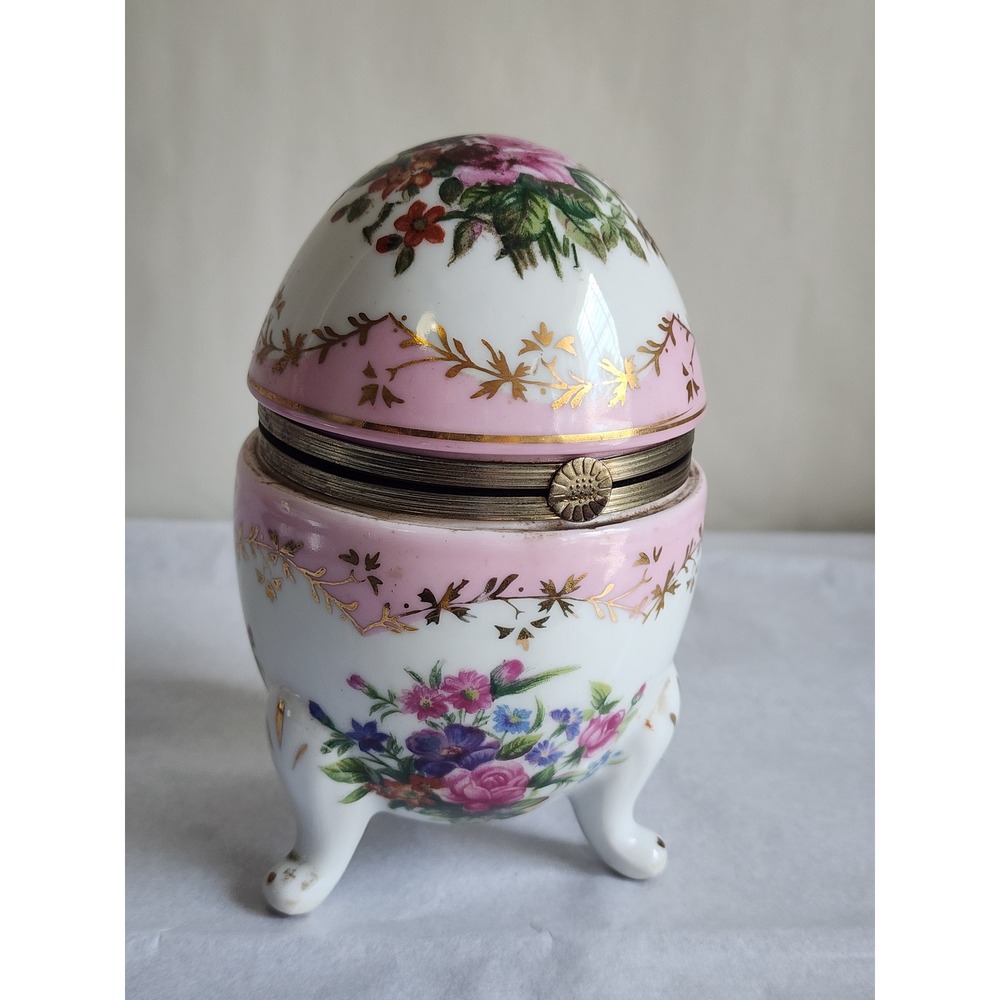 Vintage RS Prussia Porcelain Egg Trinket Box Footed Floral Hinged Pink Gold Gilt